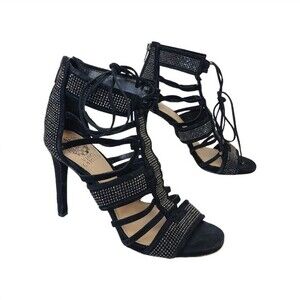 Vince Camuto Embellished Black Suede Caged Strappy Heels 7.5